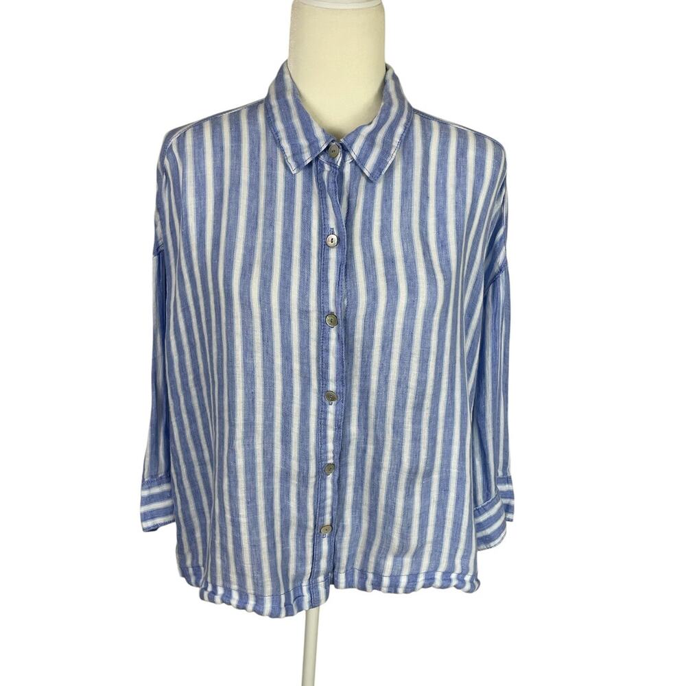 Sigrid Olsen 100% Linen Striped Button Front Blouse Sz Large Coastal Nautical